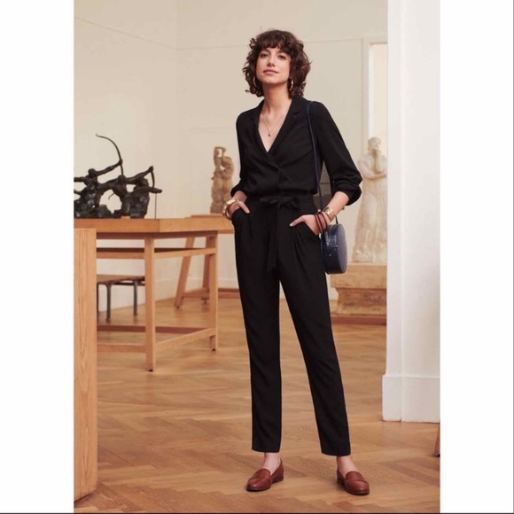 Sezane Black Wrap Florence Long-Sleeve Jumpsuit